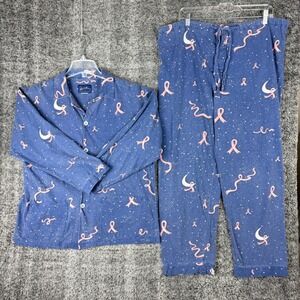 Vtg Nick & Nora Women's M Blue Pink Ribbon Celestial Moon Star Cotton Pajama Set